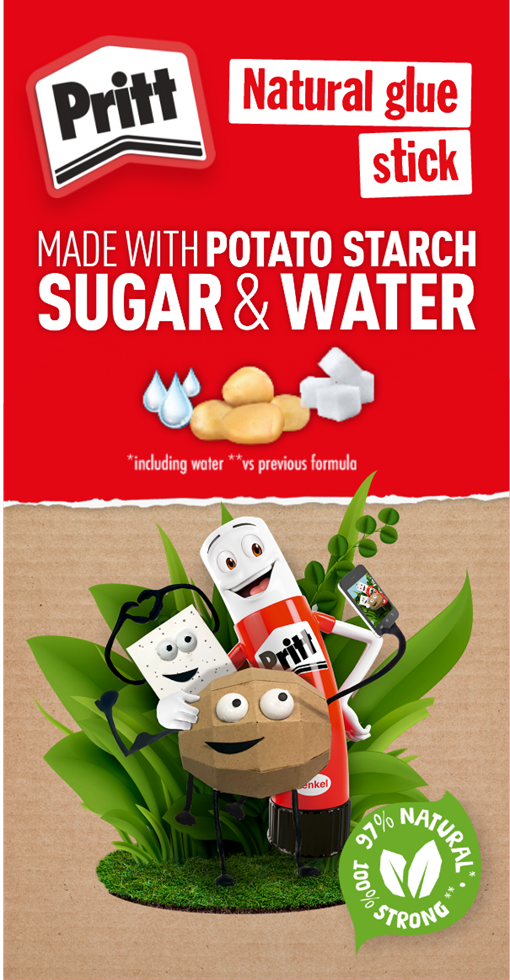 Pritt. Natural Glue Stick. Made with potato starch, sugar & water.