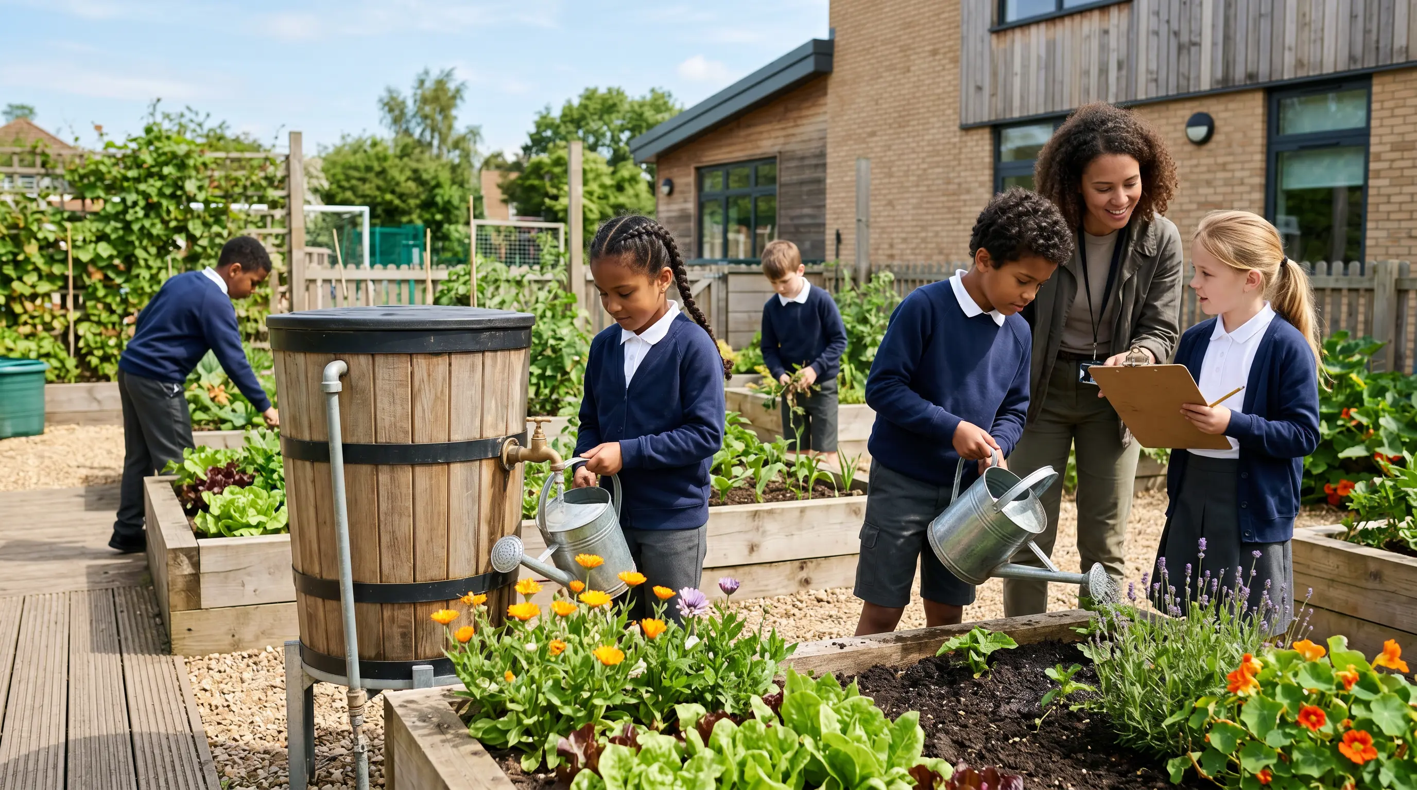 School children collecting rainwater