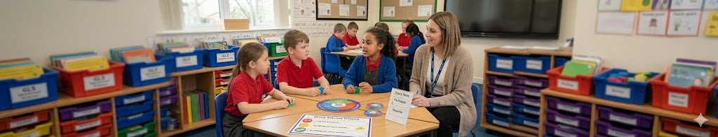 Primary school children participating in a classroom discussion